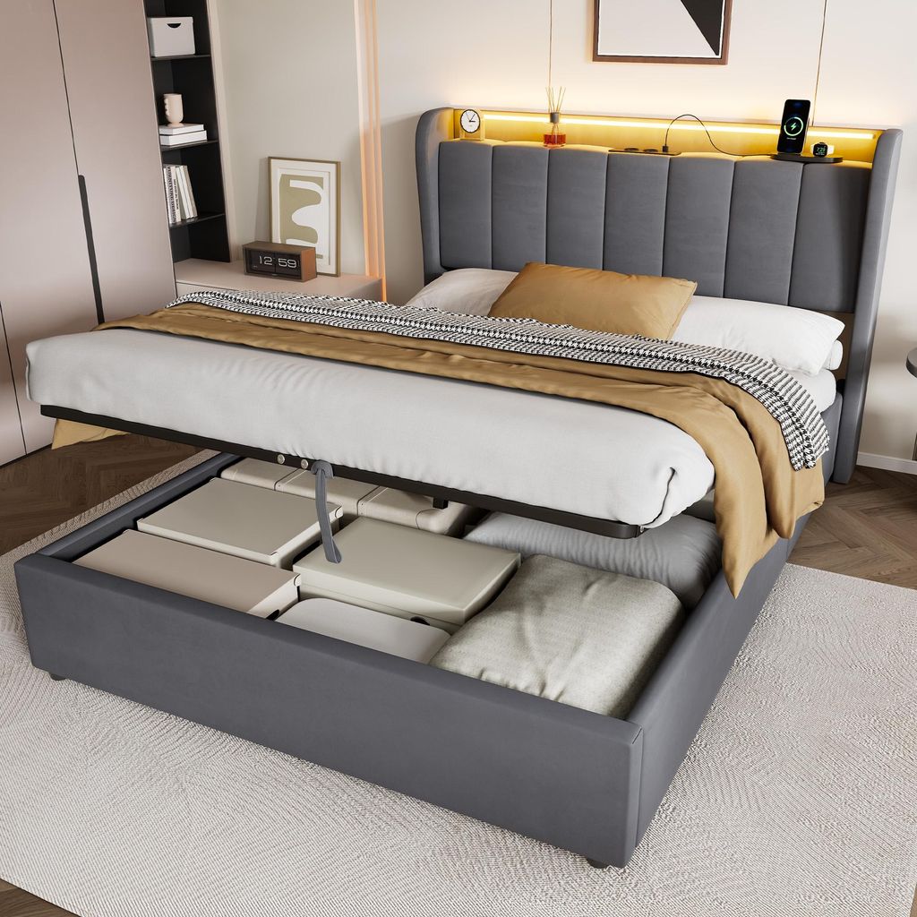 okwish Polsterbett 140×200 mit Steckdose,Nachtlicht und Produktbild 