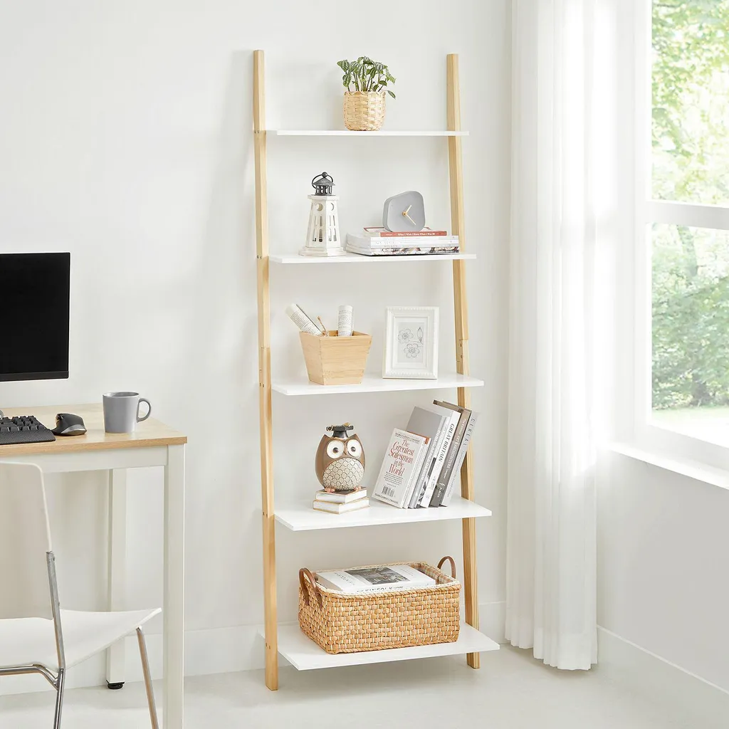 Bibliothèque échelle design 5 tablettes en bois blanc et bois clair - 2