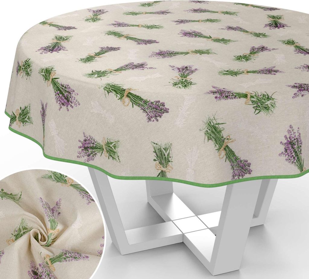 Tischdecke Lavendel mit Blumen Botanik aus Stoff Tischwäsche mit Beschichtung Tischtuch Natur Beige Rund 100cm mit Paspelband