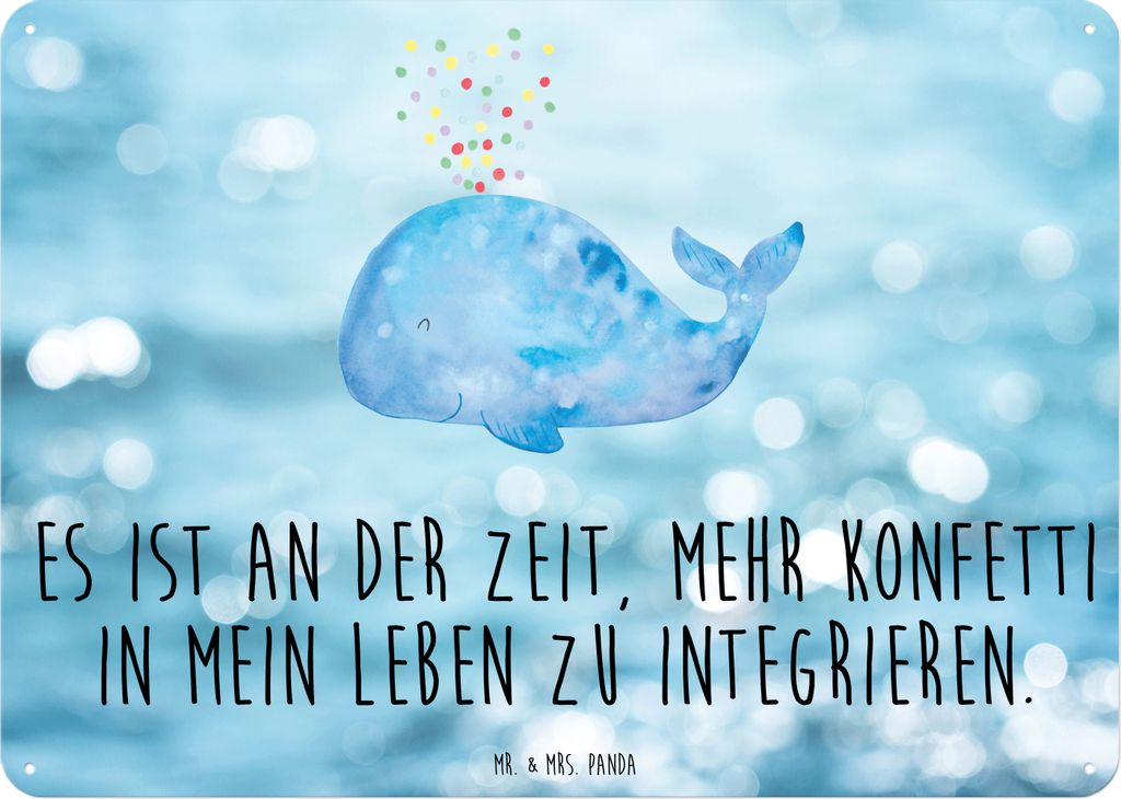 Mr. & Mrs. Panda Schild Wal Konfetti DIN A6 - Oceanblue - Geschenk, Motivation, Wale, tafel, Metallschild, Meer, Metallbild, Neustart, Diät, Wandb...