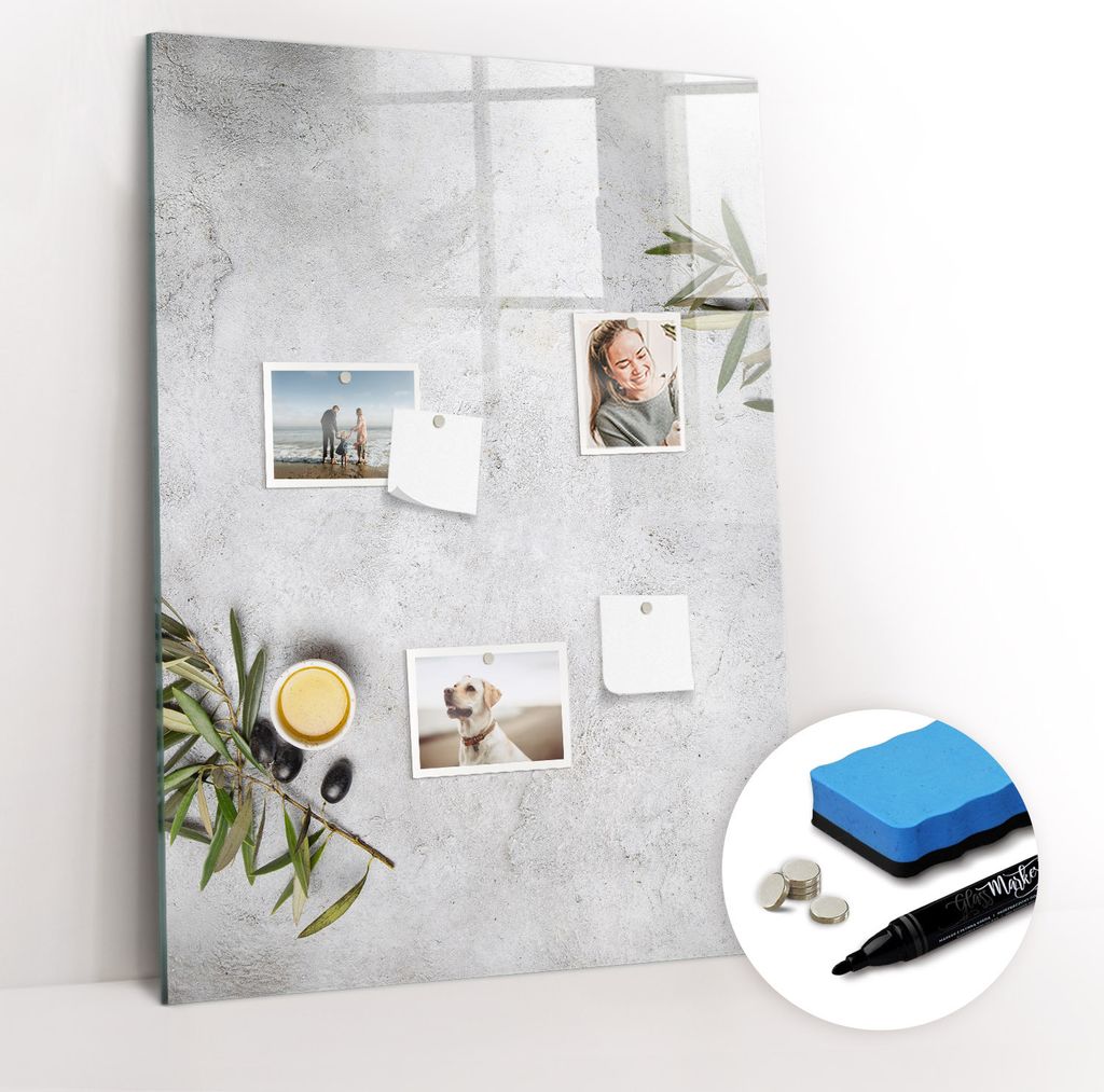 Magnetpinnwand Memoboard - Zubehörsatz - Schwarzer Marker + Schwamm + Magnete - 70 x 100 cm - Beton und Oliven