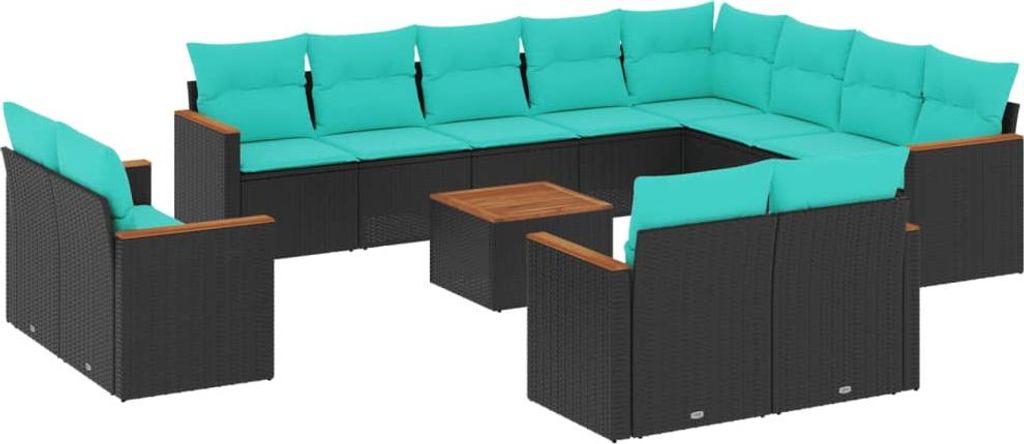 13-teiliges Gartensofa-Set mit Kissen, schwarzes Polyrattan