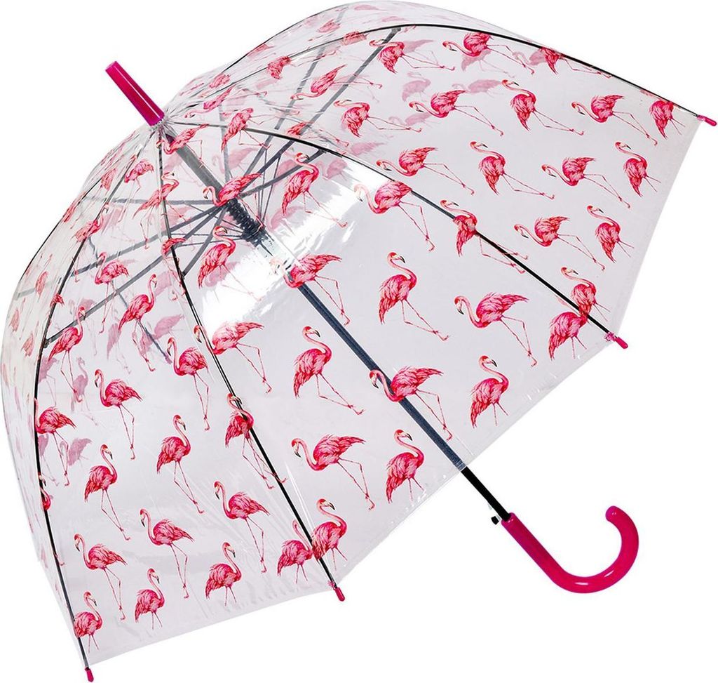 Clayre & Eef Erwachsenen-Regenschirm Ø 90 cm Transparant Kunststoff Flamingo