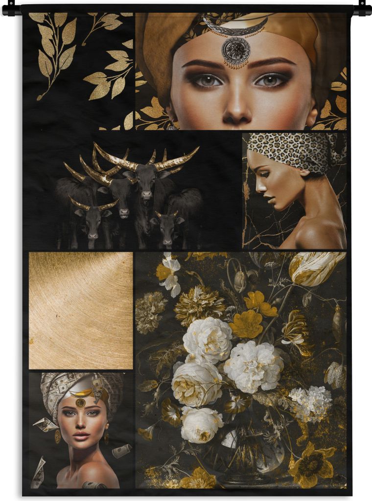 MuchoWow Wandteppich Wandbehang Schwarz - Gold - Frauen - Glitter 60x90 cm Tapisserie Dekoration Wandtuch - Foto-Teppich - Abwaschbar