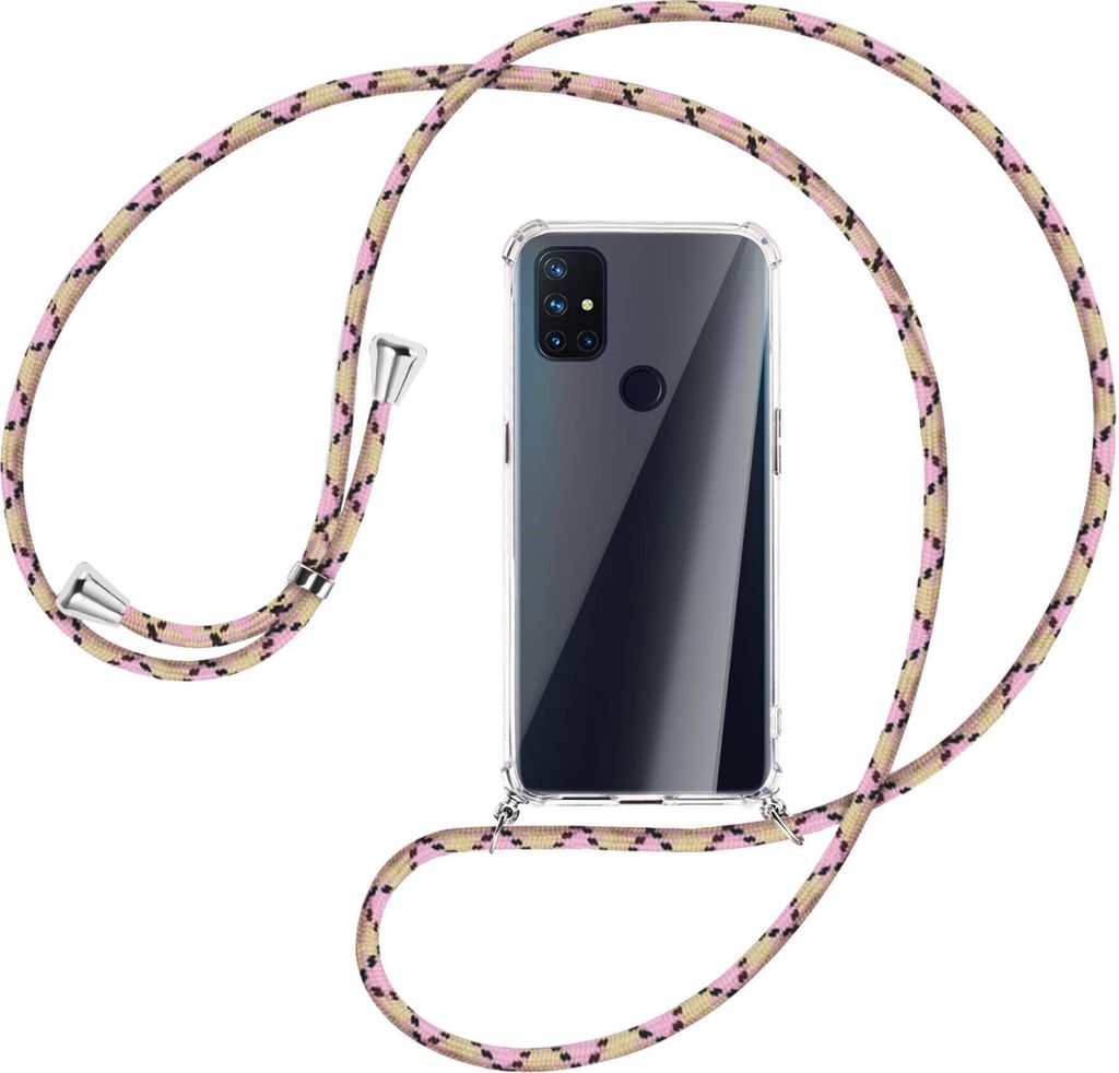 Handykette Backcover-Schutzhülle mit Band (Metall silberfarben) für OnePlus Nord N100 - rosa Karo