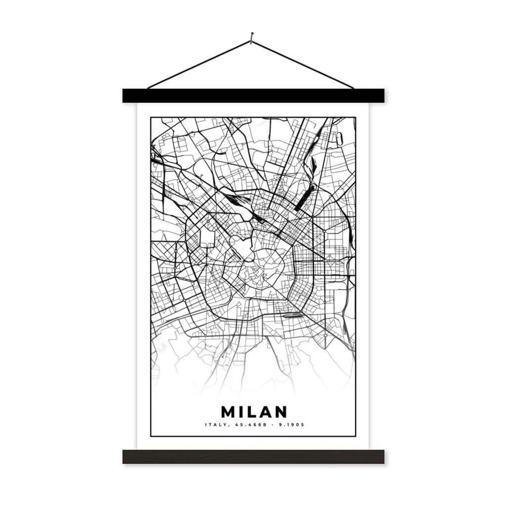 MuchoWow Textilposter Mailand - Stadtplan - Schwarz und weiß - Karte 40x60 cm mit schwarzem Rahmen - Wanddekorationen