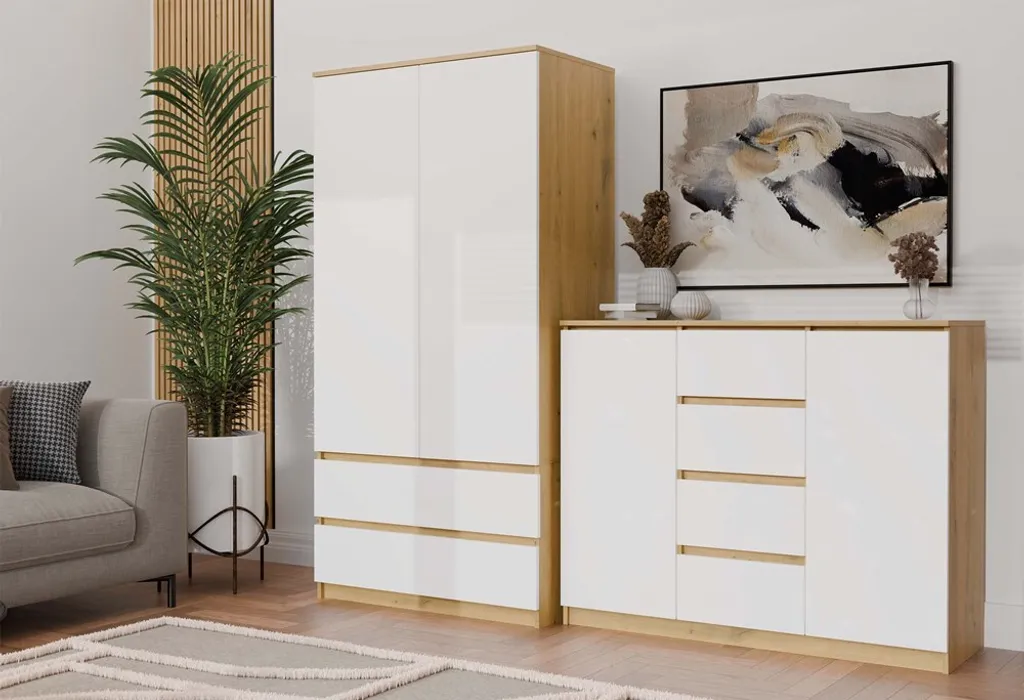 Commode large ELBE chêne artisanal et blanc pour chambre moderne - 9