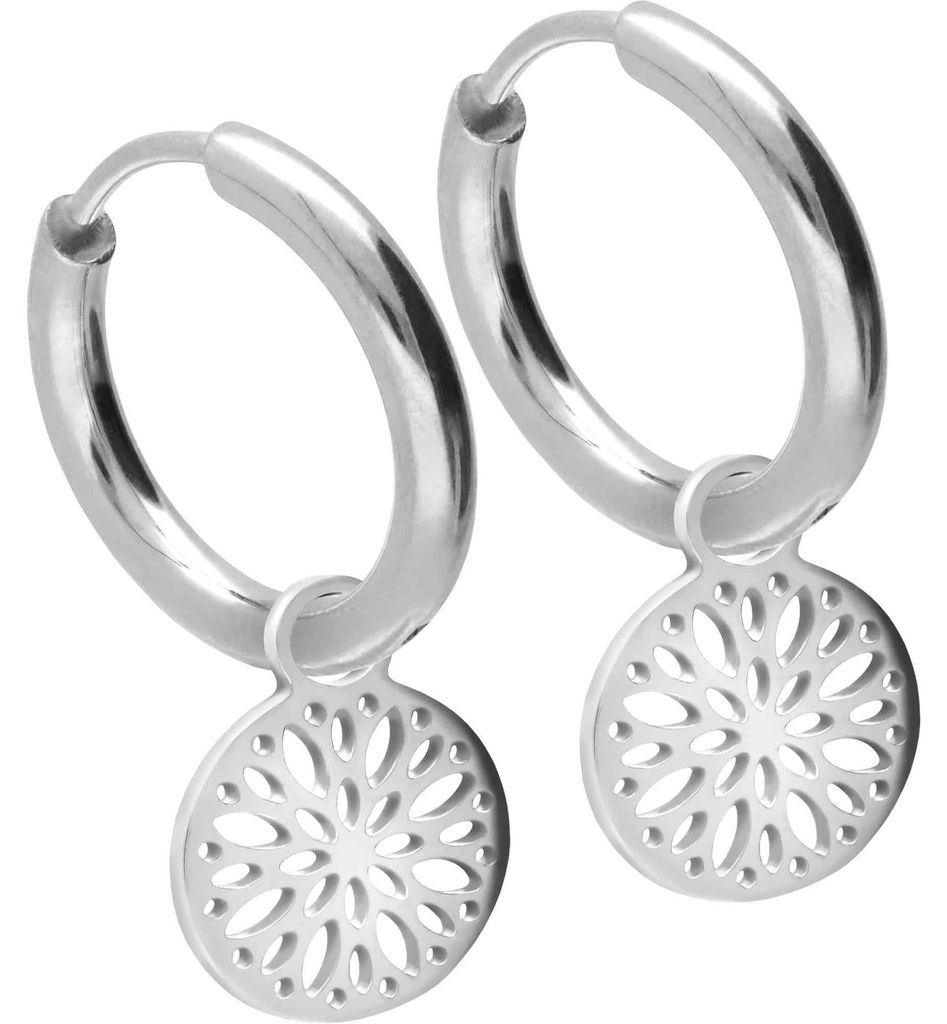 Chirurgenstahl Ohrclicker Creolen MANDALA Silber Innendurchmesser: 10mm + Designstärke: 2mm