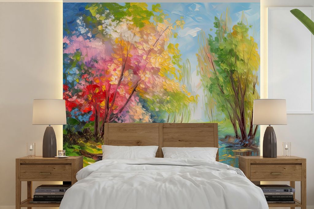 MuchoWow Fototapete für Wohnzimmer oder Schlafzimmer Wandtapete Vinyl Motivtapete Ölfarbe - Landschaft - Natur - Farbenfroh - 300x300 cm - Wand...