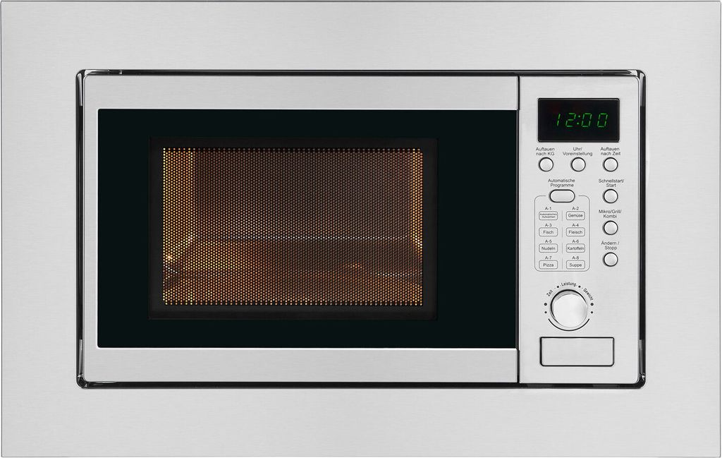 A front-on view of a built-in microwave oven.