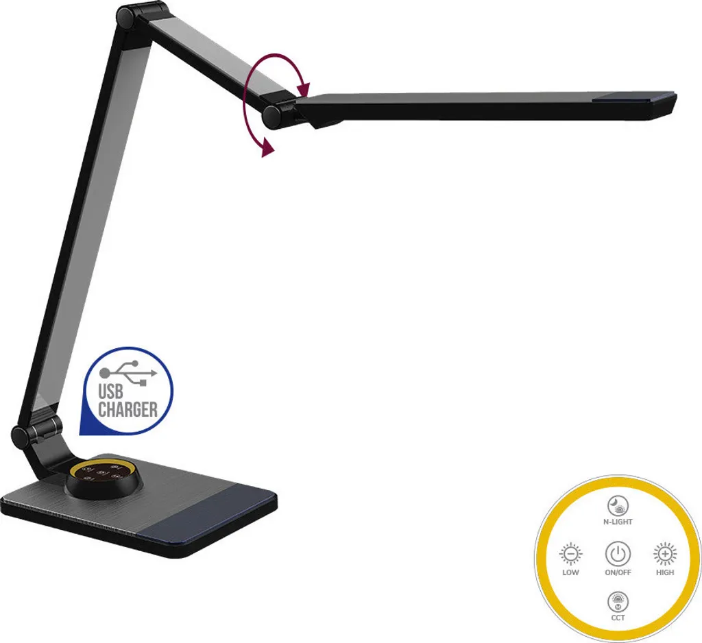 Lampe de bureau LED AKAN 10W noir-argent avec variateur et port USB