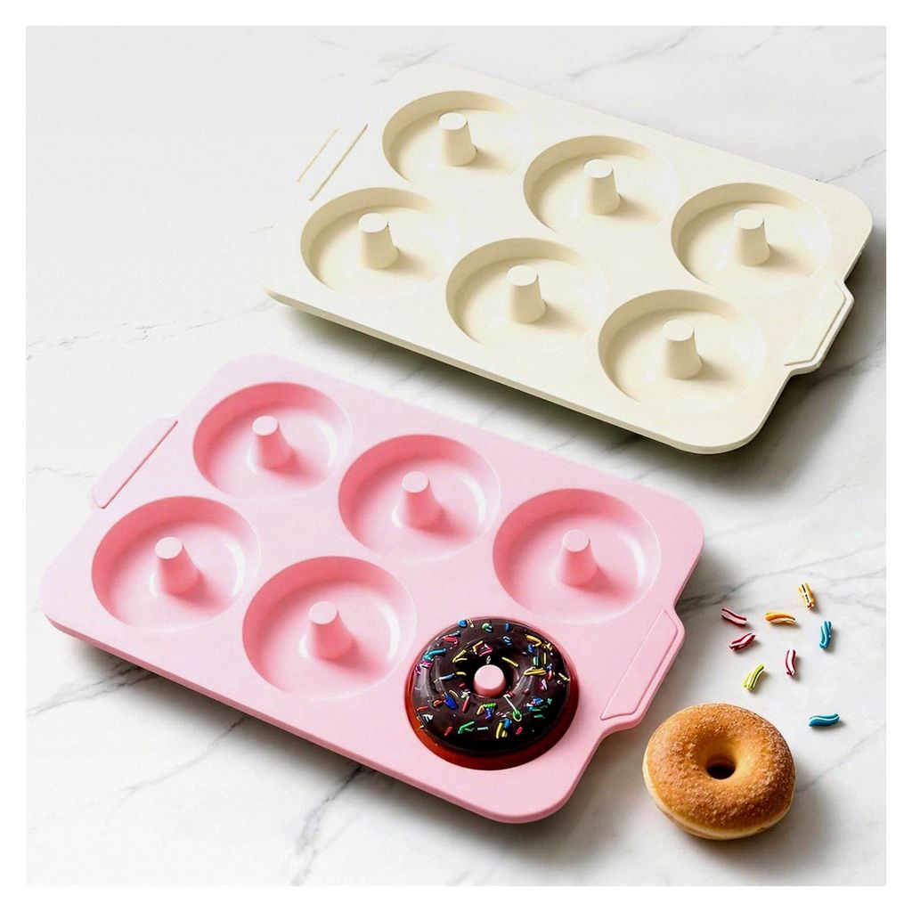 2er Set Silikon Donuts Backform: Donut Form Groß mit 6 Hohlräumen und Metallrahmen - Antihaft Donutform für Bagel Backen - Zubehör für Kinderg...