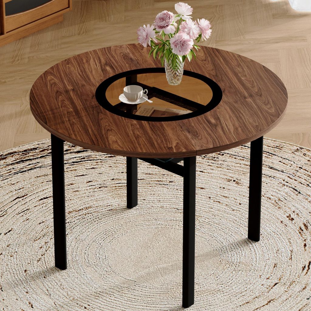 MODFU Moderner minimalistischer runder Esstisch,Wohnzimmertisch,Küchentisch,schwarze Holzmaserung auf der Tischplatte,für 2–4 Personen,Braun