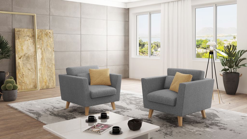 S-STYLE MÖBEL - Sessel mit Holzfüßen im skandinavischen Stil Elma aus Grau Luxusmicrofaser, B/T/H: 96 cm/ 89 cm / 90 cm