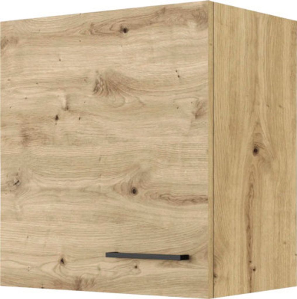 A single wall cabinet with a wood grain finish and a black handle.