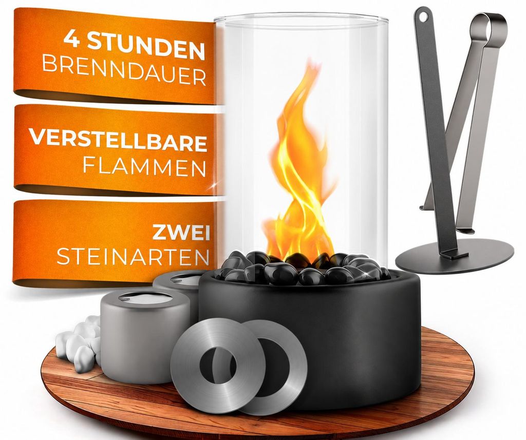 EDELFELD Premium Bioethanol Tischkamin SPARK Rund - Ruß & Produktbild  KI-generiertes Bild
