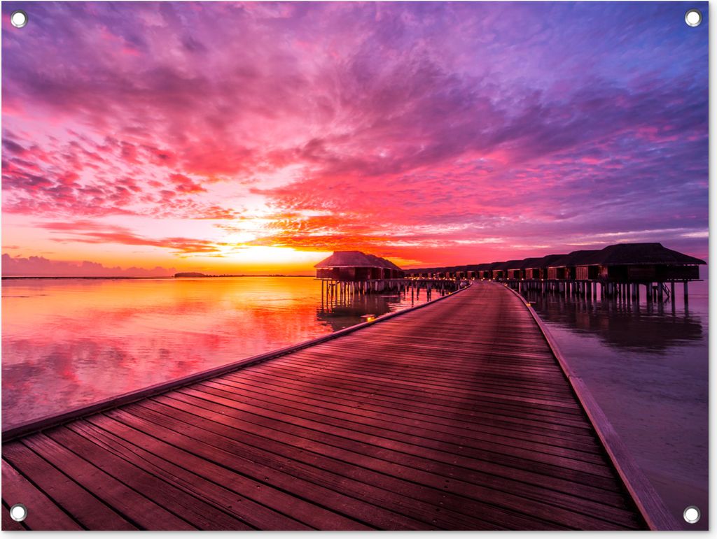 MuchoWow 80x60 cm Outdoor-Poster Gartendeko Sichtschutz Garten Poster für den Garten Steg - Wasser - Sonne - Rosa - Horizont