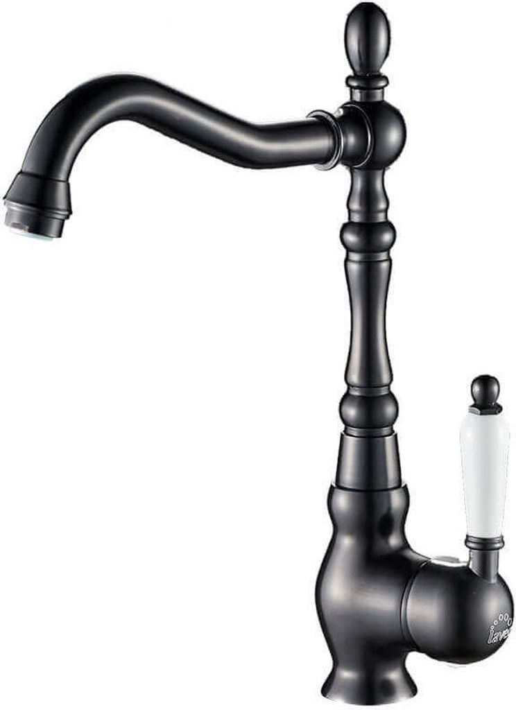 A black kitchen faucet with a white handle, isolated on a white background.