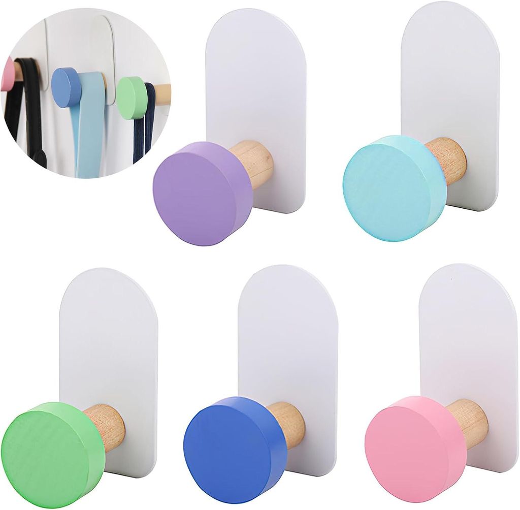 Set mit 5 farbigen Wandhaken, die ohne Bohren angebracht werden können, für Badezimmer, Schlafzimmer, Küche und Wohnzimmer.