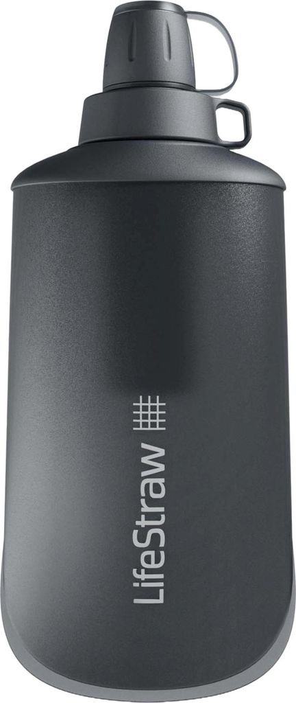 A product shot of a grey water bottle with a black cap and spout.