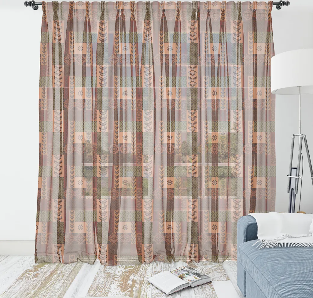 ABAKUHAUS Arazzo geometrico, stile etnico Design geometrico folk Motivi floreali geometrici Stampa, soggiorno camera da letto Tessuto da parete in raso setoso, 274 cm x 274 cm, rosa verde e marrone