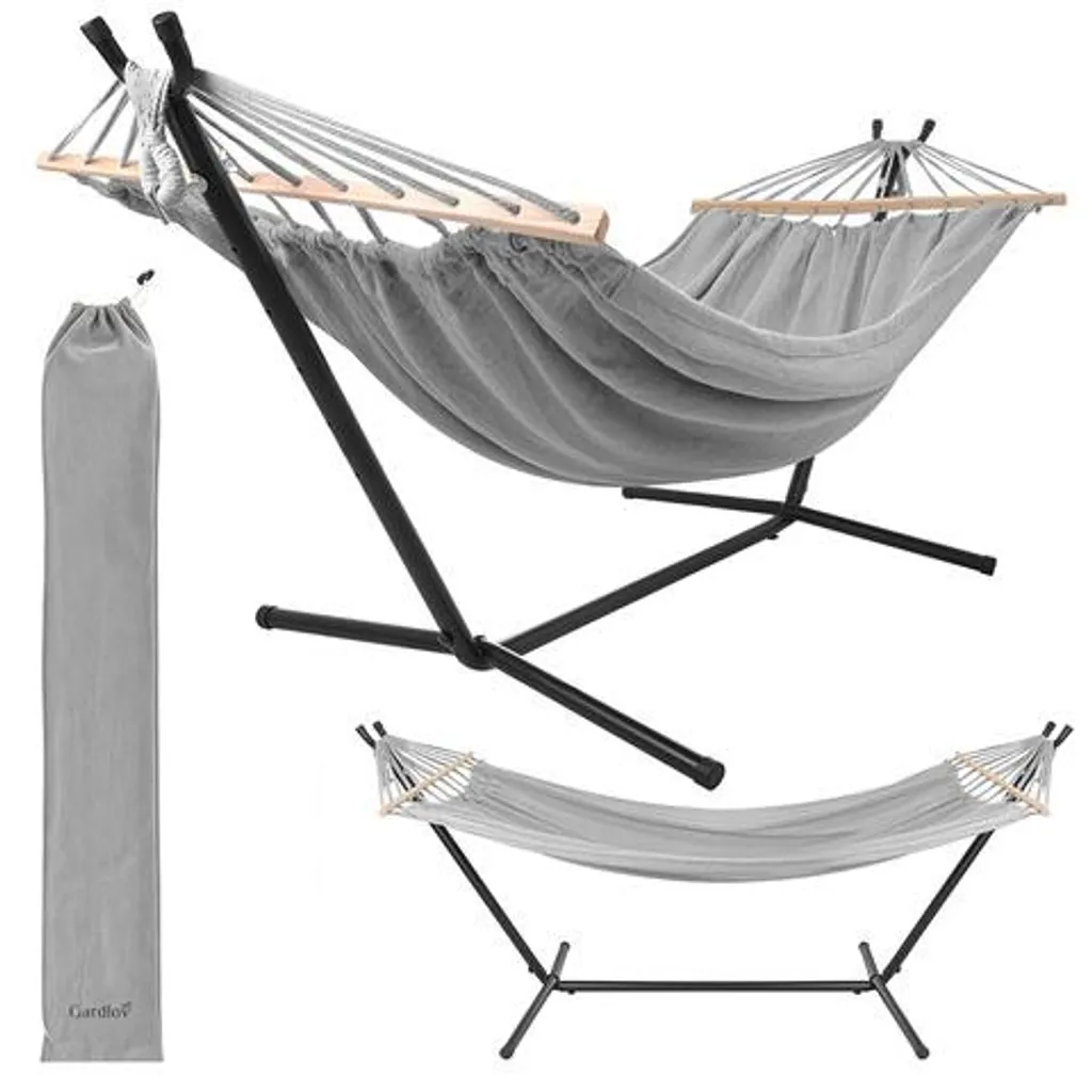Hamac Gardlov 200x150 cm avec structure en acier et housse de transport
