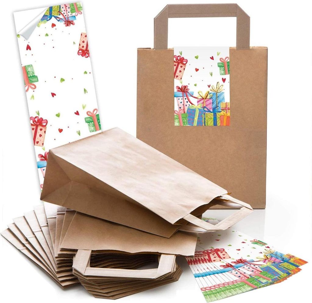 Logbuch-Verlag 10 Henkteltaschen aus Kraftpapier braun + 10 Vintage Aufkleber grün beschriftbar Gastgeschenk Mitgebsel Geschenktüte Hochzeit Vint...