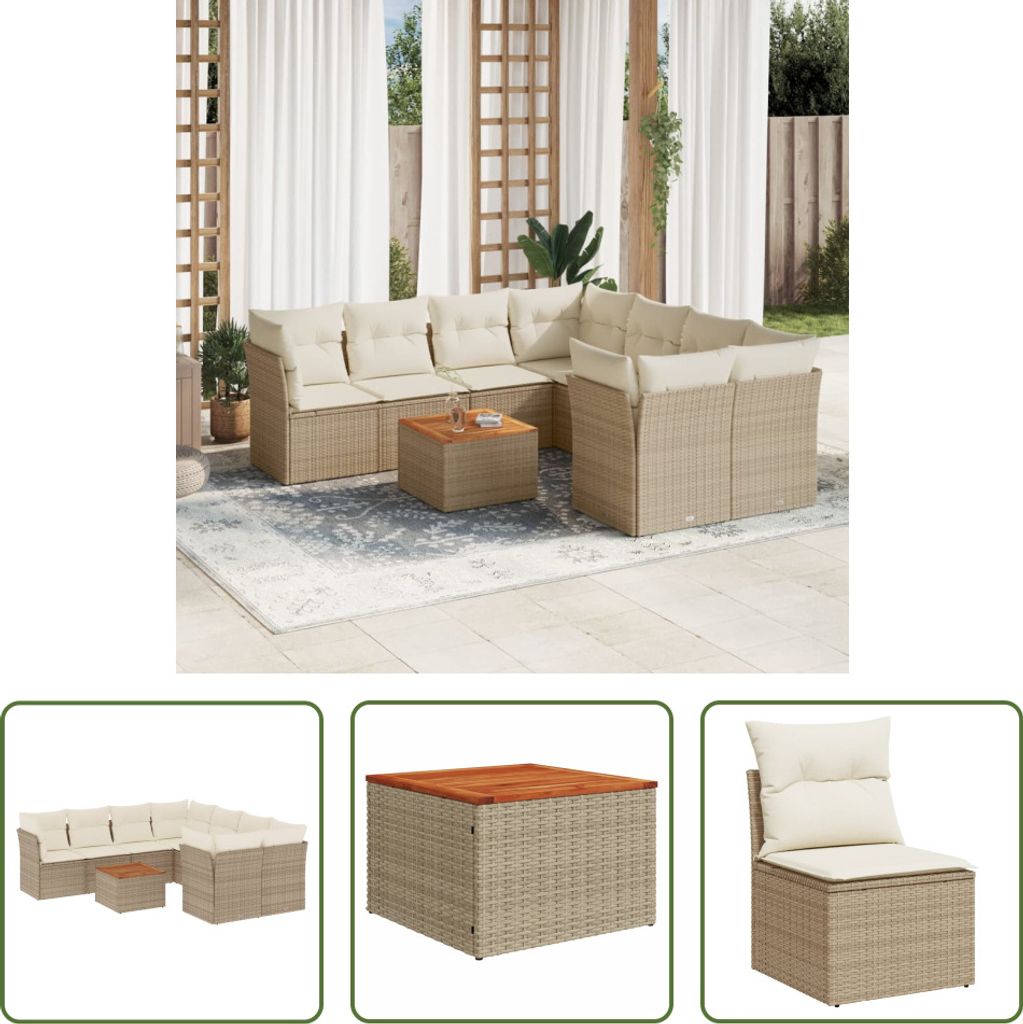 The Living Store 9-tlg. Garten-Sofagarnitur mit Kissen Beige Poly Rattan