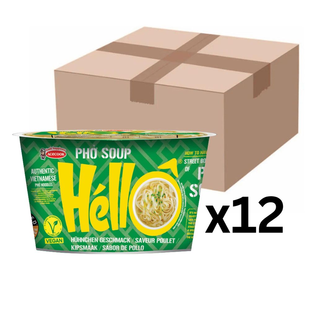 12er-Pack Acecook Pho Soup Hello Instant Reisnudeln Huhn Cup 70g