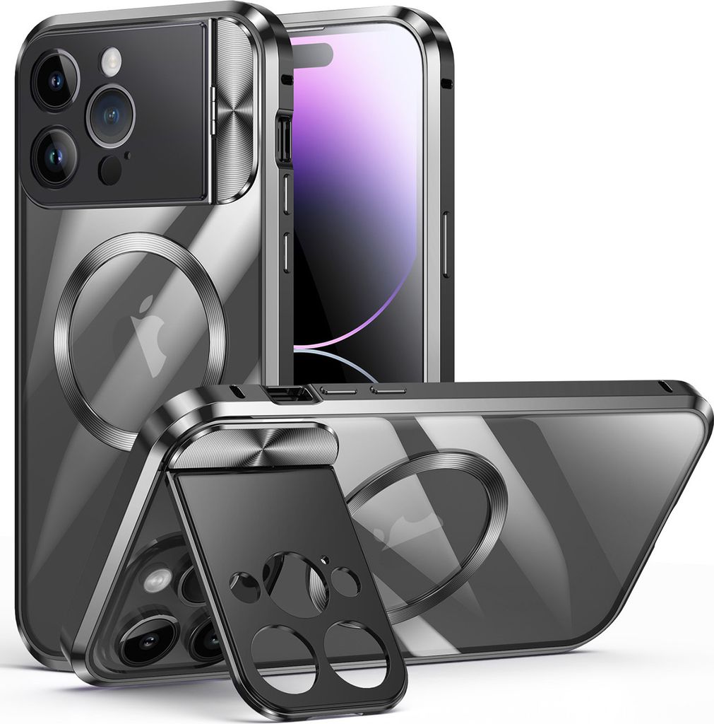 Handyhülle für iPhone 13 Pro Max MagSafe Hülle, Integrierter Kamera-Ringständer, Magnetische Adsorption Metallrahmen Schutzhülle Schwarz