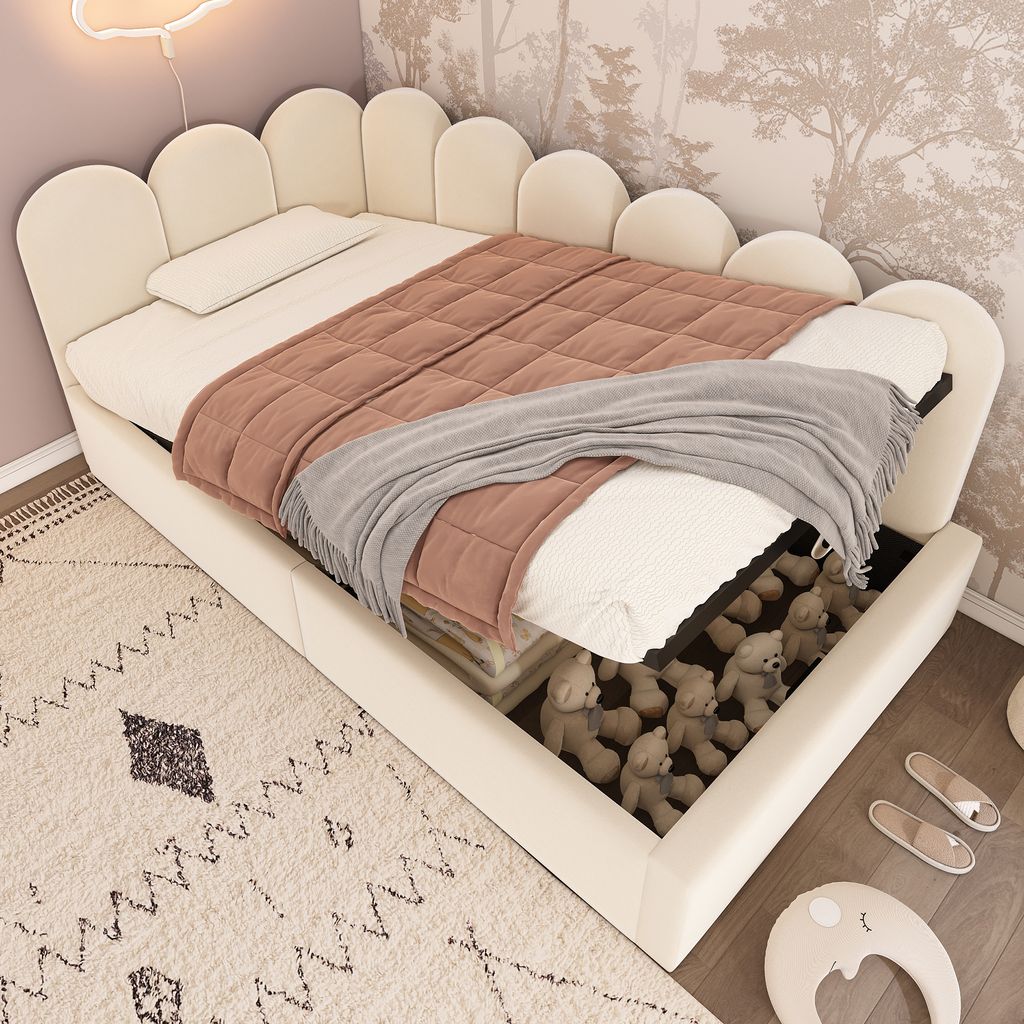 MODFU Polsterbett Daybett 90x200 cm,Schlafsofa mit hydraulischem Stauraum, Jugendbett mit Metall-Lattenrost, Samt, Mit Matratze, Beige