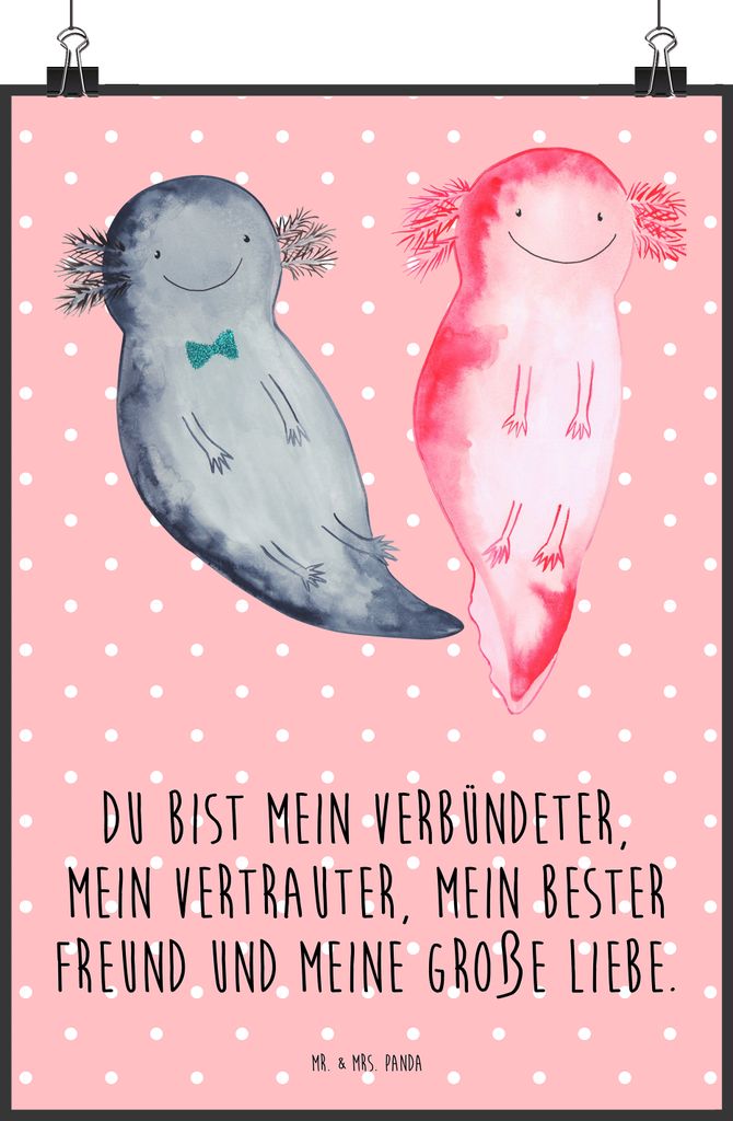 Mr. & Mrs. Panda Bild Axolotl Freundin DIN A2 - Rot Pastell - Geschenk, Valentinstag, Liebe, Posterdruck, wanddeko, Wandbild, Lurch, Wandschmuck, P...