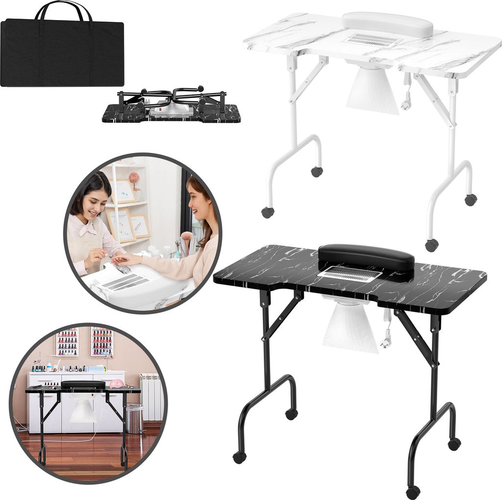 LARS360 Nageltisch für Nagelstudio, Manikürtisch mit Rollen für Nagelrekonstruktion, mobiler Tisch in Schwarz, ideal für Anwendungen im Nagelst...
