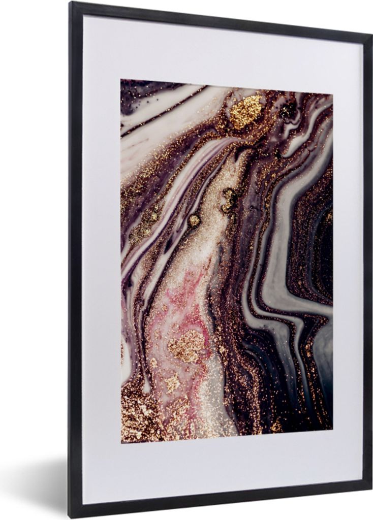 MuchoWow Gerahmtes Poster Marmor - Rosa - Gold - Glitzer - Marmoroptik 40x60 cm - Poster mit Schwarzem Bilderrahmen Wandposter Rahmen Foto Bilder...