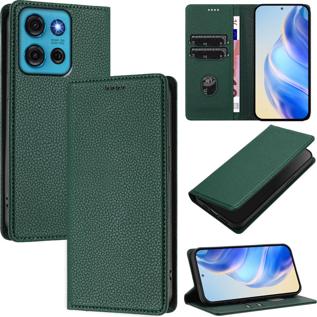 Litchi Leder Handyhülle für Motorola Moto G75 Wallet Kartenfächer Standfunktion Hülle Grün