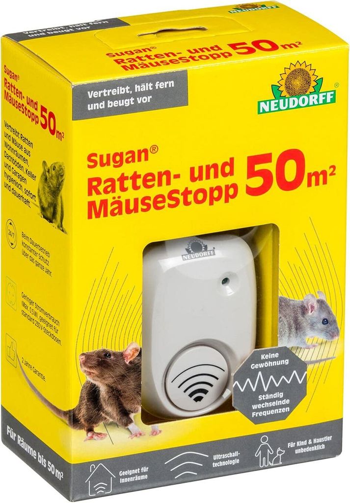 A product box for a rat and mouse repellent device, showing the device and illustrations of rodents.
