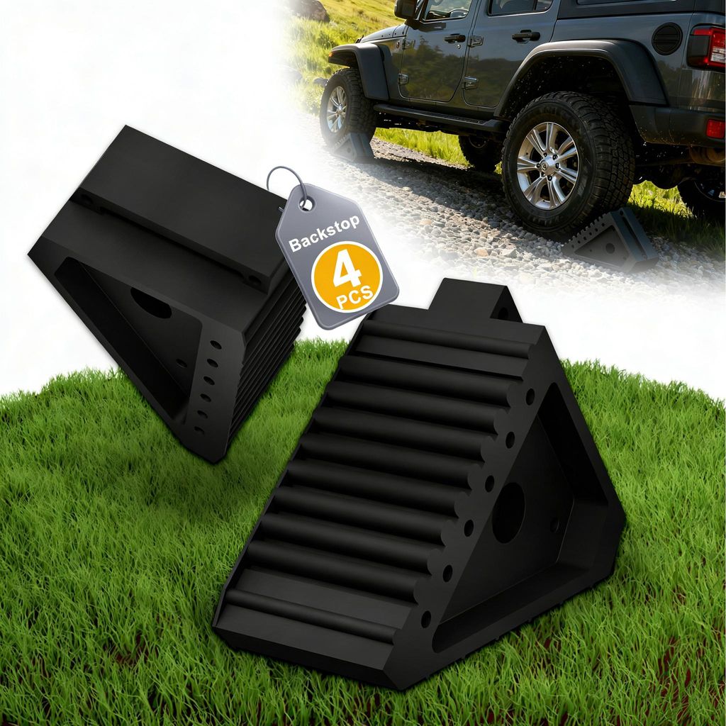 UISEBRT Dreieck Unterlegkeile 4er Set, schwarz, Gummi-Radkeile mit Griff, 20x10x15 cm, rutschfest für PKW, Wohnmobil, Anhänger, Bremskeile, Radst...