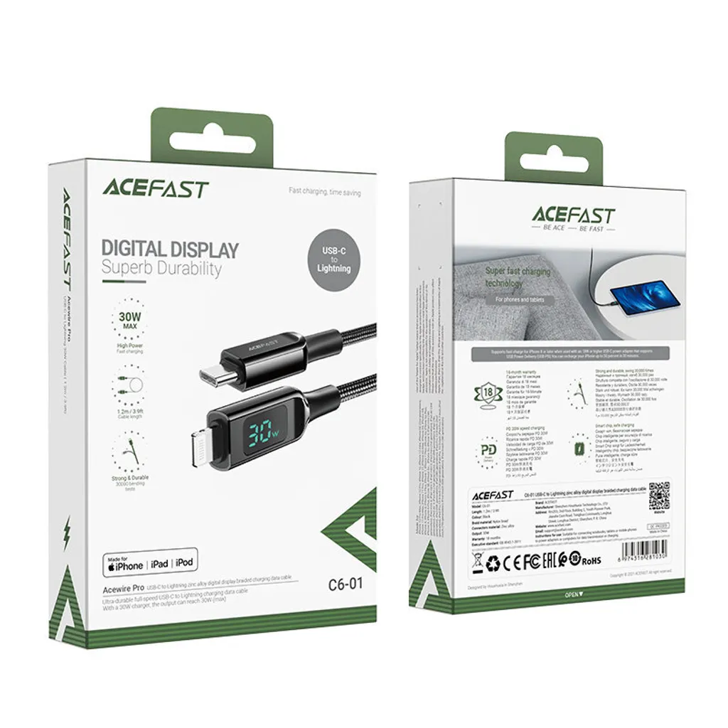 Cavo ACEFAST C3-01 Certificato MFI USB-C A Lightning 1,2m Bianco - Ricarica Rapida 30W Per IPhone E Dispositivi Apple - 2