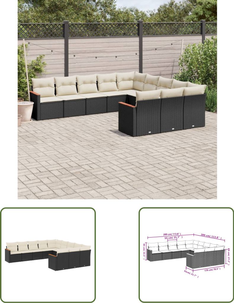 The Living Store 11-tlg. Garten-Sofagarnitur mit Kissen Schwarz Poly Rattan