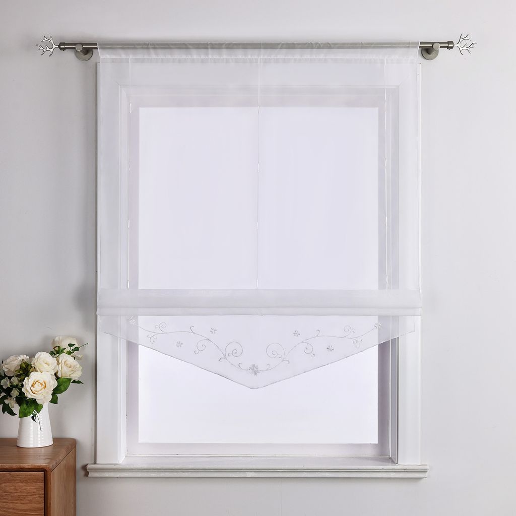 Joyswahl Raffrollo Küchengardinen Modern Raffgardinen mit Tunnelzug Landhausstil Stickerei Voile Transparent Weiß BxH 100x140cm 1 Stück