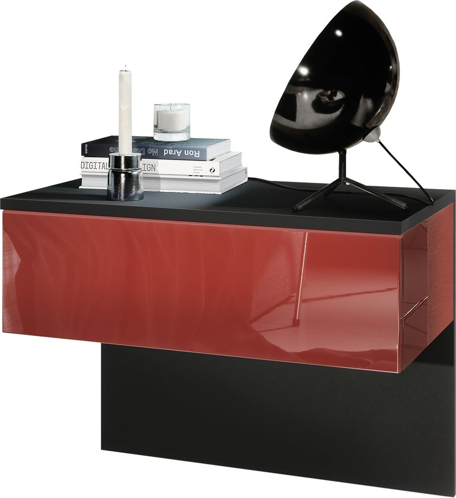 Vladon Nachttisch Sleep, Germany, Nachttischschrank mit Schublade zur Wandmontage, Schwarz matt/Bordeaux Hochglanz (60 x 46 x 35 cm)
