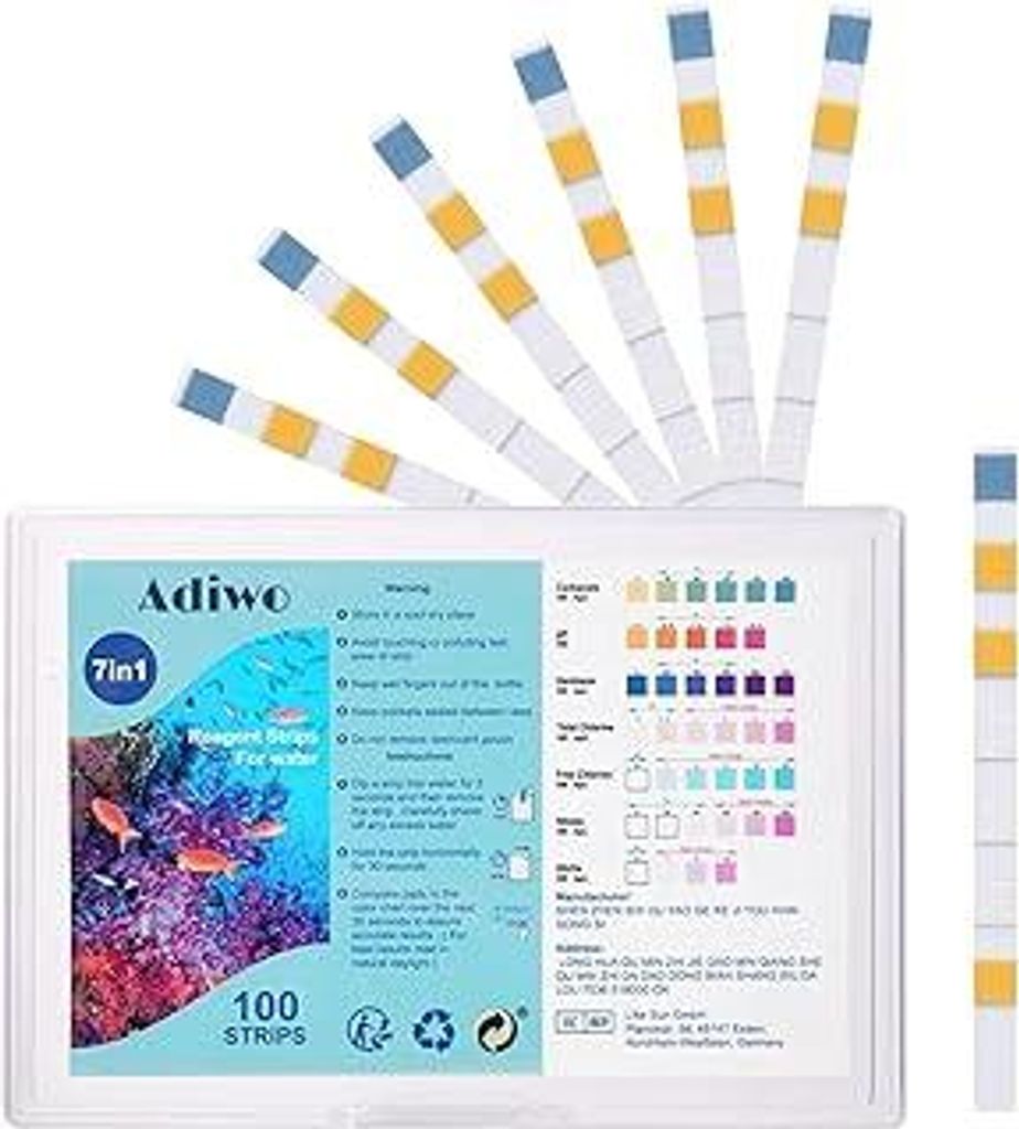 7 in 1 Aquarium Teststreifen,100 Aquarium Wassertest zum Testen von Gesamthärte Gesamtalkalinität Karbonat Nitrat Nitrit Freiem Chlor PH Genauer ...