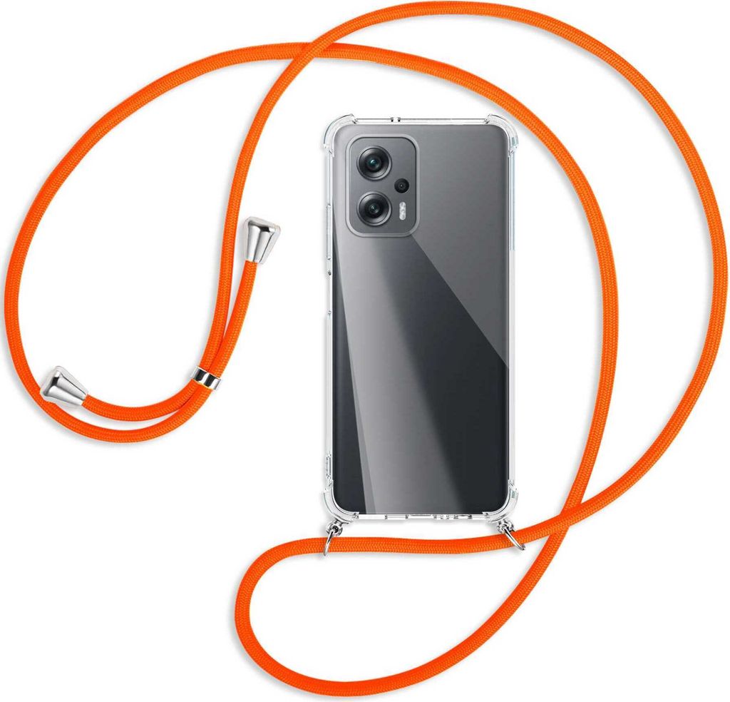 Handykette Backcover-Schutzhülle mit Band (Metall silberfarben) für Xiaomi Poco X4 GT - neonorange