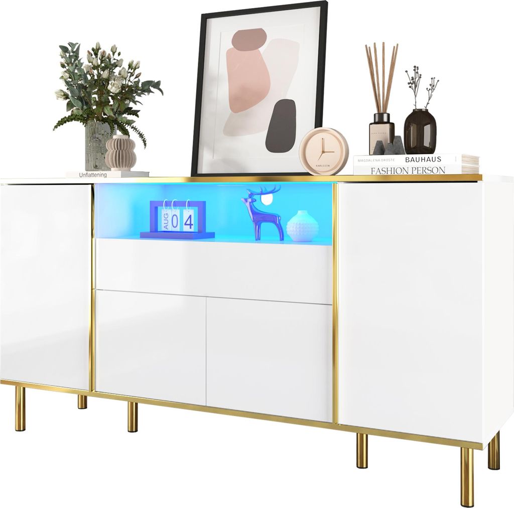 Sweiko Sideboard, hochglänzende weiße Kommode mit 1 Schublade, Kommode, Schlafzimmerkommode, hochglänzendes weißes Sideboard – B150/T40/H80cm