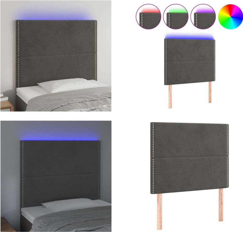 vidaXL LED Kopfteil Dunkelgrau 80x5x118/128 cm Samt - LED Kopfteil - LED Kopfteile - Kopfteil - Bett-Kopfteil