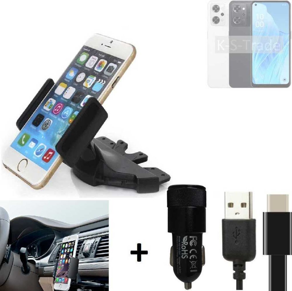 K-S-Trade CD Schlitz Handy-Halterung kompatibel mit Oppo Reno9 A Autohalterung KFZ-Halter Radio Handy Halterung 360° drehbar CD-Schacht inkl. USB-C