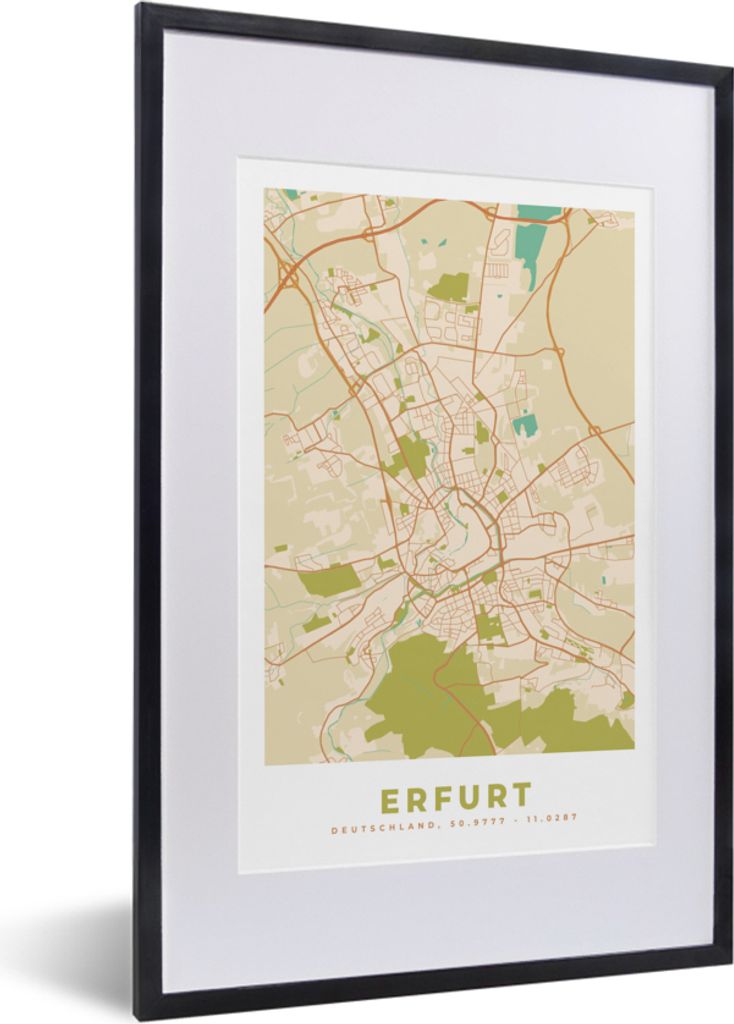 MuchoWow Gerahmtes Poster Karte - Erfurt - Jahrgang - Karte 40x60 cm - Poster mit Schwarzem Bilderrahmen Wandposter Rahmen Foto Bilder - Poster i...