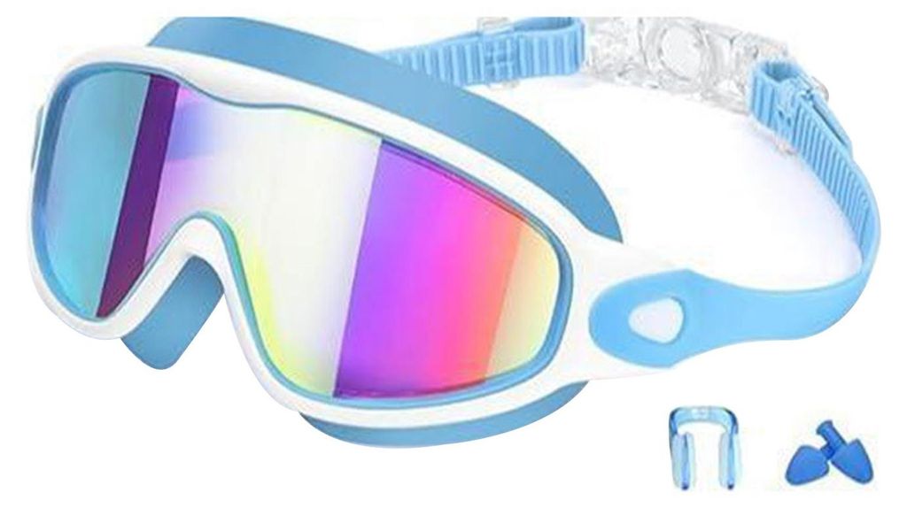 Schwimmbrille für Kinder mit Nasenclip und Ohrstöpseln, beschlagfrei, UV-Schutz, bruchsichere Gläser für Jungen und Mädchen