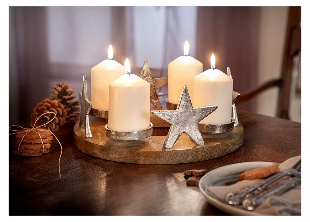 Adventskranz Silbersterne aus Mango-Holz und Aluminium, Tischkranz mit 4 Kerzenhaltern, Tischdekoration für Wohnzimmer und Esstisch
