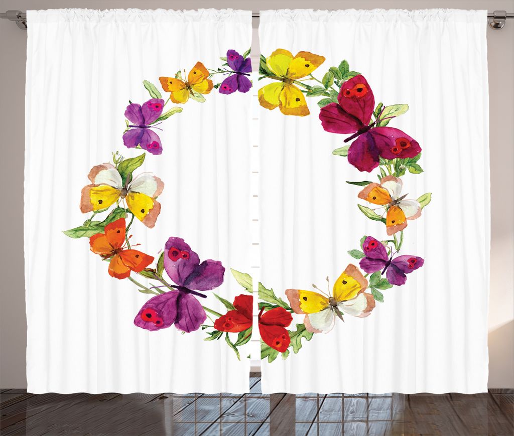 ABAKUHAUS Bunt Rustikaler Gardine, Schmetterling mit Kräutern, Schlafzimmer Kräuselband Vorhang mit Schlaufen und Haken, 280 x 175 cm, Mehrfarbig